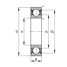 深沟球轴承 61808-2Z, 根据 DIN 625-1 标准的主要尺寸, 两侧间隙密封