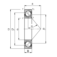 角接触球轴承 7208-B-TVP, 根据 DIN 628-1 标准的主要尺寸，接触角 α = 40°