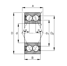 角接触球轴承 3804-B-2Z-TVH, 双列，双侧间隙密封，接触角 α = 25°