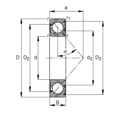 角接触球轴承 7212-B-2RS-TVP, 根据 DIN 628-1 标准的主要尺寸，接触角 α = 40°，两侧唇密封