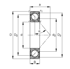 角接触球轴承 7007-B-2RS-TVP, 接触角 α = 40°, 两侧唇密封