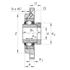轴承座单元 TME55, 带四个螺栓孔的法兰的轴承座单元，定心凸出物，铸铁，偏心锁圈，T 型密封